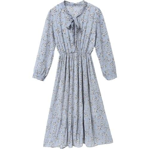 Summer Elegant Floral Dress Women Sweet Long Sleeve Dress Ladies Vintage Pleated Dresses student Chiffon Dress Vestidos D3526