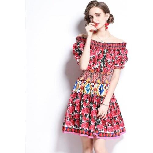 2021 NEW Summer Off Shoulder Beach Party Dresses Womens Charming Rose Flower Print Ruffles Elastic Waist Short Dress Vestidos