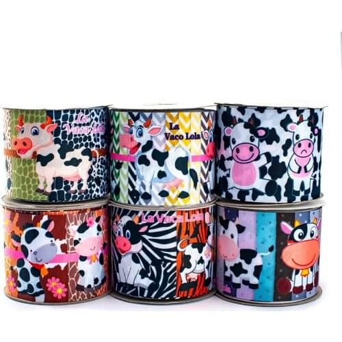 5 Yards Grosgrain/Satin Cartoon Cows Printed Ribbon 25mm/38mm/50mm/75mm for DIY Hair Bows Handmade Materials 200516