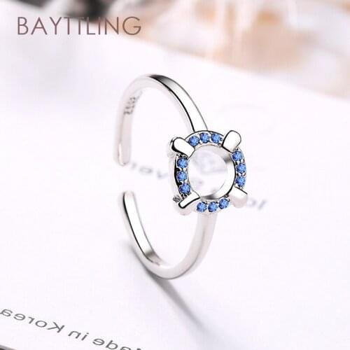 BAYTTLING 925 Sterling Silver Round Blue Zircon Open Ring For Women Fashion Gift Couple Jewelry