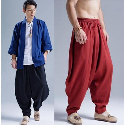 Chinese style personality flax trousers mens pants harem pant mens feet trousers fashion pantalon homme street novelty loose