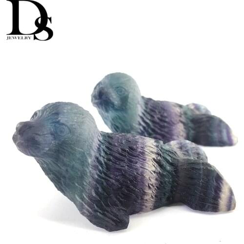 2" Natural Rainbow Fluorite Seal Crystal Figurine Carved Quartz Statue Healing Reiki Meditation Party Gifts Home Decoration