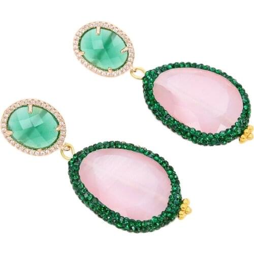 GG Jewelry Pink Faceted CZ Paved Cat Eye Green Jade Gold Plated CZ Stud Earrings