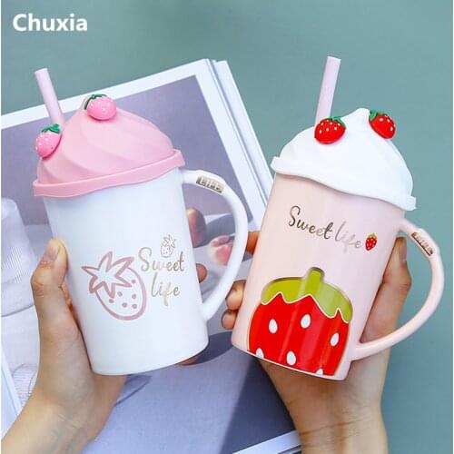Sweet Strawberry Ceramic Water Bottle With Straw For Girls INS Lovely Creative Pink Mugs Milk Tea Coffee Water Cup
