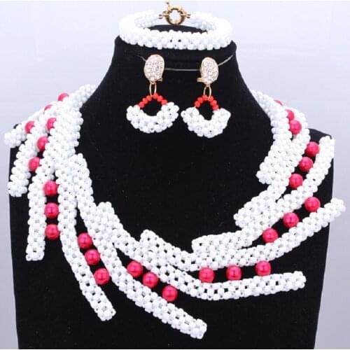 African Bridal Jewelry Set Women White Beaded Jewelry With Hot Pink Pearls Fashion Nigerian Beads Jewellery Set of Jewelry 2018