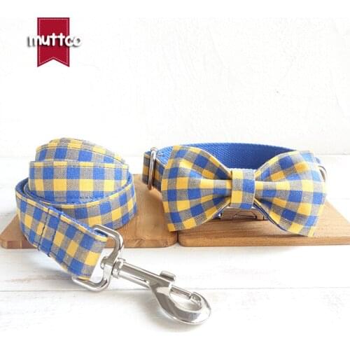 MUTTCO dog collar leash with bow tie THE BLUE YELLOW PLAID pet supplies strap dog accessories engraved name LOGO 5 sizes UDC068