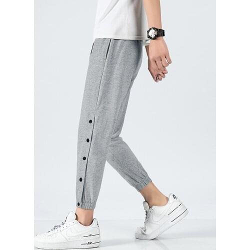 Spring and Summer Mens Drawstring Pants Casual Comfortable Sports Pants Mens Sportswear Button All-match Nine-point Pants