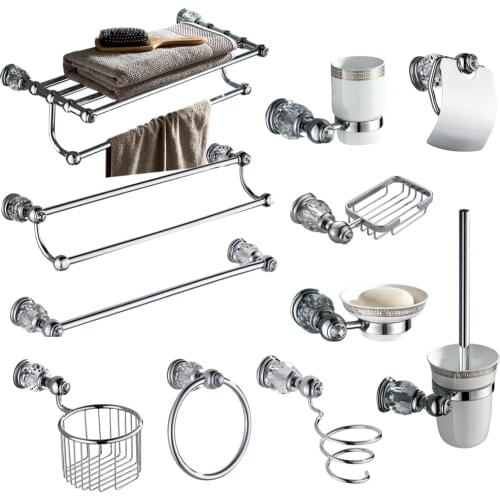 Silver Polished Bathroom Hardware Set Solid Brass Towel Ring Wall Mounted Hair Dryer Holder With Crystal Bathroom Accessories
