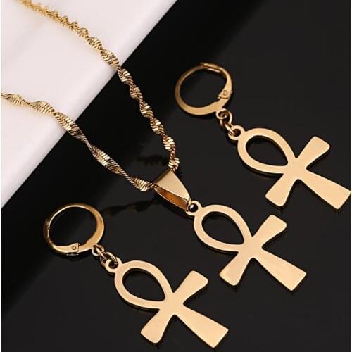 Stainless Steel Egyptian Cross Jewelry Set Vintage the Key of the Nile Ankh Cross Pendant Necklace Earring