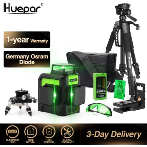 Huepar 12 Lines 3D Cross Line Laser Level Green Laser Beam Self-Leveling 360 Vertical Horizontal with Digital LCD Laser Receiver