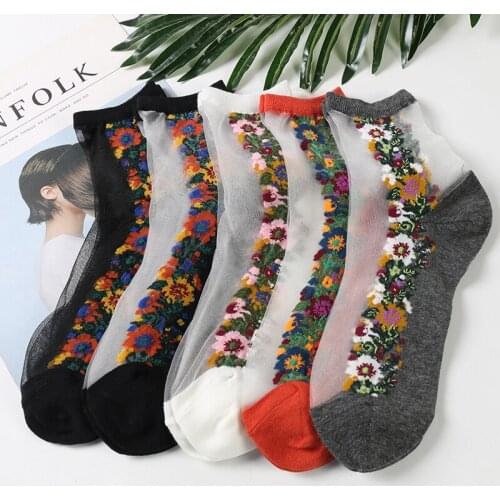 5 Pairs/Lot National Style Summer Women Thin Socks Femme Colorful Daisy Flowers Tube Meias Female Breathable Cotton Short Bas