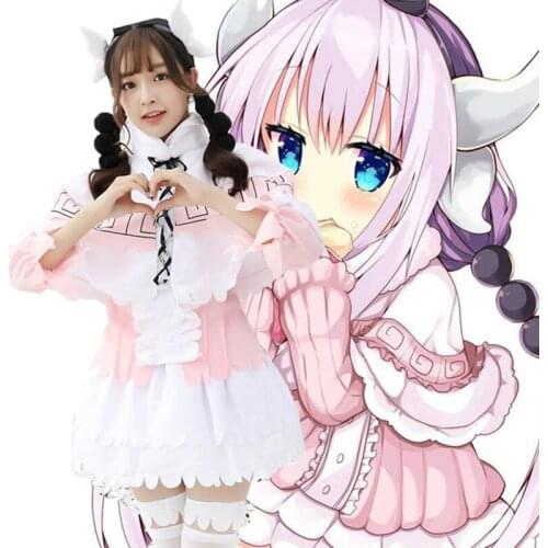New Anime Kobayashi san Chino Maid Dragon Cosplay Headwear Wig and Costumes Miss Kobayashis Dragon Maid Kanna Kamui Pink Dress
