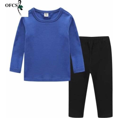 Retail Cotton Long Sleeve Pajamas Boy Children Trousers Fashion Candy Color Pure Color Pajamas Girl Two-piece Children Clothes