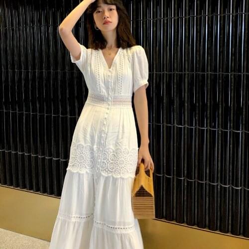 Buttons Dress Cardigan V-Neck Short Sleeve 2021 Summer Women Patchwork Lace Cotton Elegant Long Maxi Dresses Boho Beach Vestidos
