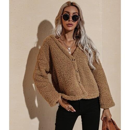 Deep V-neck Long-sleeved Thick Coat Casual Plush Jacket Solid Color Single-breasted Loose Cardigan 2021 Winter New