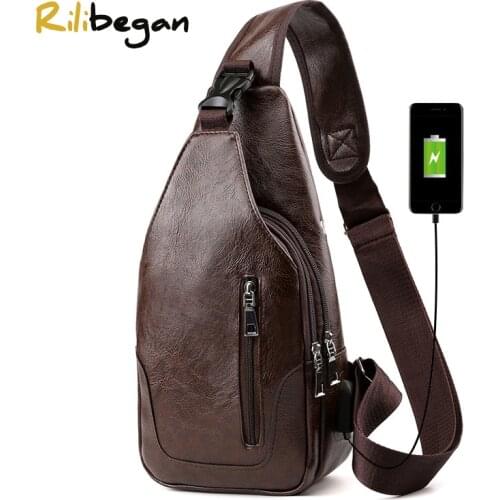 Casual Men Chest Bag USB Charging & Headphone Jack Leather PU Crossbody Bag for Men Large Capacity Men Travel Business Bag