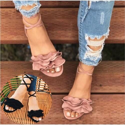 Summer Outdoor Shoes Womens Shoes Ruffles Sandal Woman Cross Bandage Sandals Flats Lace-up Ankle Strap Flat Sandalias Mujer
