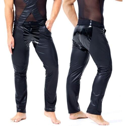 Sexy Men Plus Size Punk Pants Patchwork Faux Leather Fashion Glossy Pants Stage Dance Wear Sexy Tight Gay Wear