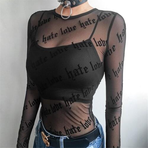 Sexy Women Mesh T-Shirts See-Through Perspective Letter Printed O Neck Transparent Long Sleeve Tops for Spring Autumn