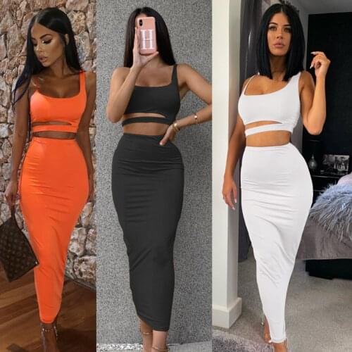 Sexy 2 Piece Set Women Hollow Out Sling Vest Crop Top+Elastic Bodycon Long Skirt Club Outfits Summer Dress Bandage Matching Sets