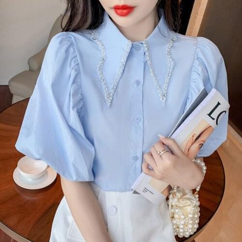 Women 2021 Sweet Fashion Pearl Beading Lace Blouses Vintage Lapel Collar Puff Sleeves Female Shirts Blusas Chic Tops
