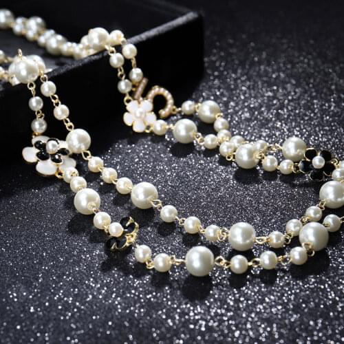 High Quality Women Long Pendants Layered Pearl Necklace Collares de moda Number 5 Flower Party Jewelry
