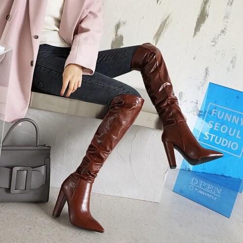 Blue Pointed Thick Heel Over-The-Knee Womens Boots Super High Thick Heel Set Foot Fold Short Plush Long Tube Warm Boots