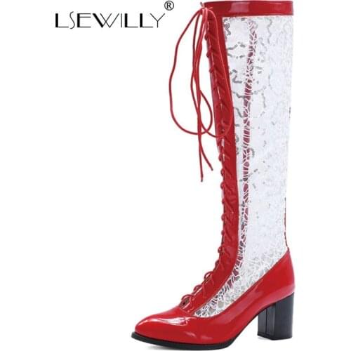 Lsewilly Sexy Mesh Sandals Boots Women 2021 Summer Hollow Long Tube Knee High Fashion Thick with Shoes Women Black/Red/White