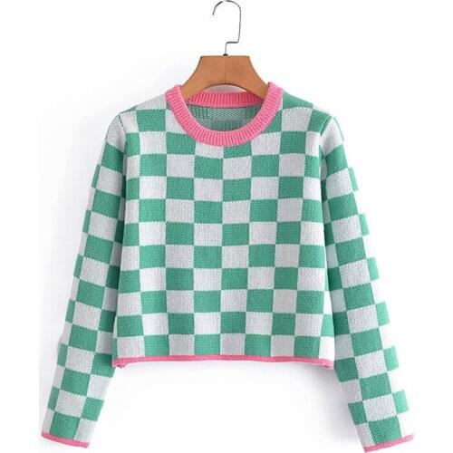 2021 Womens Fashion Neutral Minimalist Wind Straight Hedging Sweater Green Color Contrast Grid Pattern Round Neck Top
