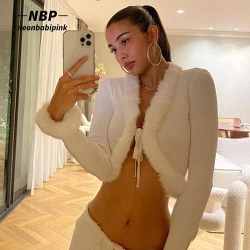 NEONBABIPINK Y2k Brown White Knitted Cropped Cardigan Fall 2021 Womens Fashion Fluffy Trim Tie Front Vintage Sweater N95-DD20