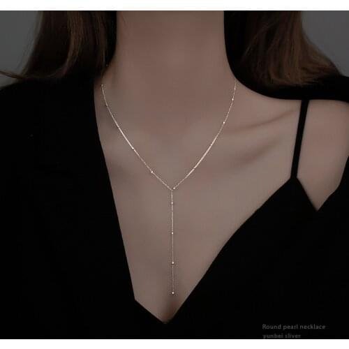 925 Sterling Silver Bead Long Charm Necklace For Women Simple Pendant Tassel Clavicle Chain Party Jewelry dz673
