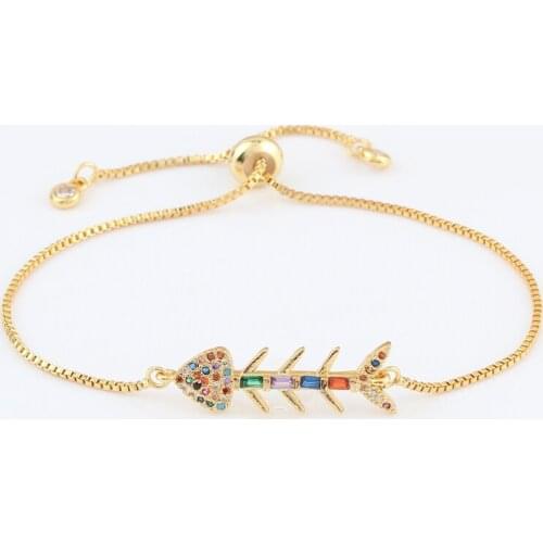 Gold Filled Charm Bracelets For Women Fish Bone Rainbow Bracelet Colorful Cubic Zirconia Statement Jewelry