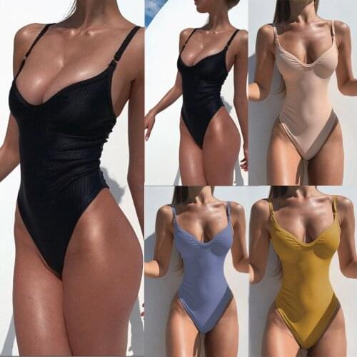 2021 New Fashion Swimwear Solid Color Ladies Sexy High Waist Swimsuit One-Piece Halter Beach Bikini