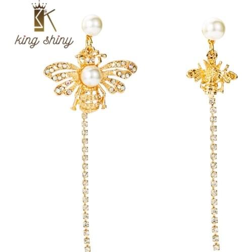 King Shiny Korean Fairy Crystal Bee Tassel Earrings Temperament Imitation Pearl Beaded Long Drop Earrings Girl Party Ear Brincos