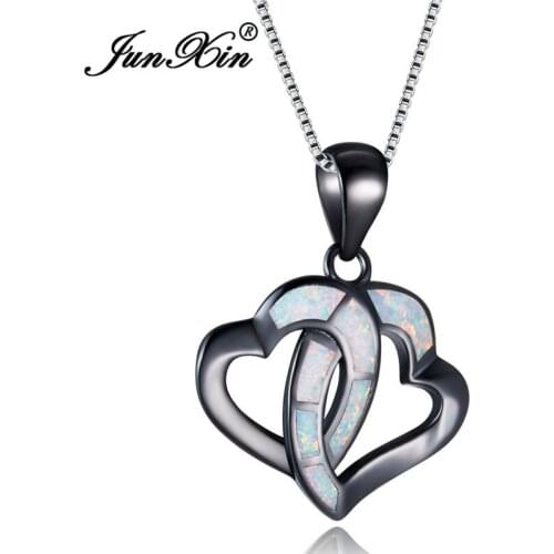 JUNXIN Romantic Black Gold Filled White/Blue Fire Opal Necklace Love Infinity Double Heart Pendants For Women Wedding Choker