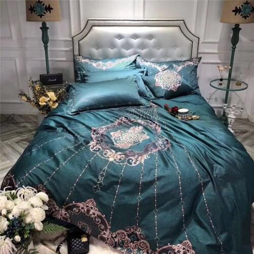 Luxury Green Royal Embroidery 100S Egyptian cotton Palace Bedding Set Queen King Size Duvet Cover Bed sheet/Linen Pillowcases