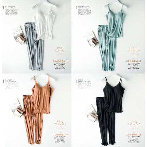 Summer Thin Pajamas Womens Camisole Cropped Trousers Suit with Chest Pad Cup Leisure Elastic Loose Home Two Piece Set Summer