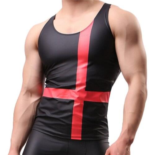 PU Leather O-neck Men Undershirts Sexy Sleeveless Shirts Men Imitatiion Faux Leather Undershirts For Casual Wear Plus Size XL