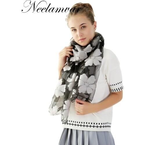 Neelamvar New Elegant Organza Silk Scarf Shawl Fashion flower Silver Grey Female Long Scarves Autumn Winter Ladies Cape