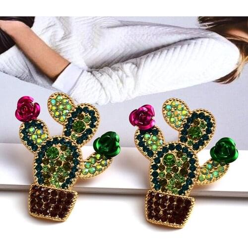 New Arrive Cactus-shaped Metal Oiled Crystal Earrings High-quality Rhinestone Fashion Jewelry For Women Wholesale