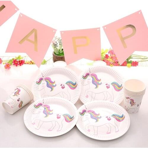 Disposable Paper Plate Cup Napkin Pennant Children Birthday Party Decoration Utensils Cake Dessert Tableware Flamingo Unicorn