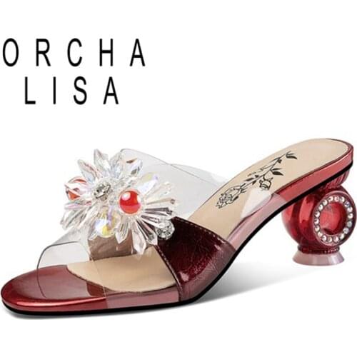 ORCHA LISA 2021 Genuine Leather Rhinestone Ladies Slippers Flower Open Toe Crystal Slingbacks 7cm Strange Heel US12 Green A4238