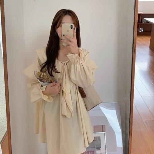 Cute Age-Reducing Lapel Irregular Ruffled Tied Loose High Waist Long Sleeves Doll Dress Four Colors