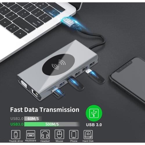 Portable 12-in-1 Multi-function USB-C Type-C Docking Station 4K HUB HDMI+USB3.0+PD+3.5MM Audio+Gigabit LAN Network Port