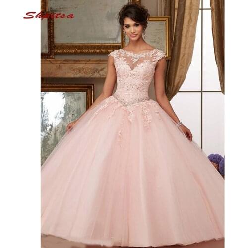 Pink Lace Quinceanera Dresses Ball Gown Crystals Tulle Plus Size Princess Long Prom Sixteen 15 Sweet 16 Dress