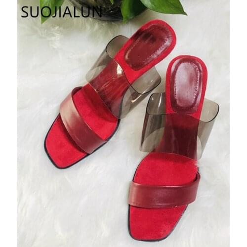 SUOJIALUN 2020 Summer Thin High Heels Women Slipper PVC Transparent Slides Ladies Sexy Red Dress Slides Shoes Flip Flop