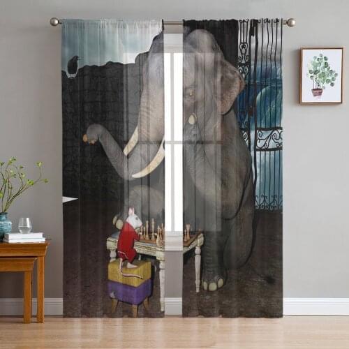 Animal Elephant Mouse Chess Screens Voile Tulle Sheer Curtains for Bedroom Living Room Kitchen Decor Chiffon Windows Curtain