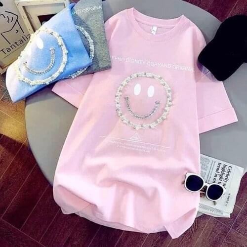 Loose Pullover Tshirt 2021 Summer Cotton T-shirt Womens Vintage Black White Sweet Tops Short-Sleeved Cartoons Diamond Long Tees