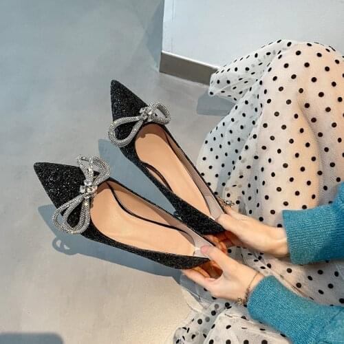LLOGAI Crossdresser Zapatos Mujer Bridesmaid Sequins Pumps Fashion Show Ladies Thin Heels Womens Pointed Toe Shoes Bowknot Pump