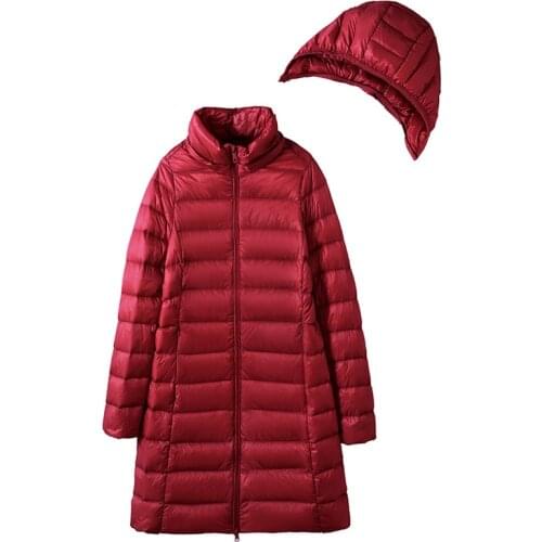 Woman jacket Hood Removable Winter Coat 2021 New White Duck Down Puffy Jacket Portable Ultra Light Long Windbreaker Coat Mujer